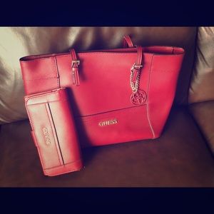 Guess red tote + wallet